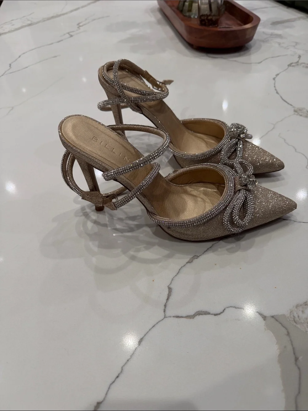 Billini Champagne Glitter Pointed-Toe Bow Ankle-Strap Heels